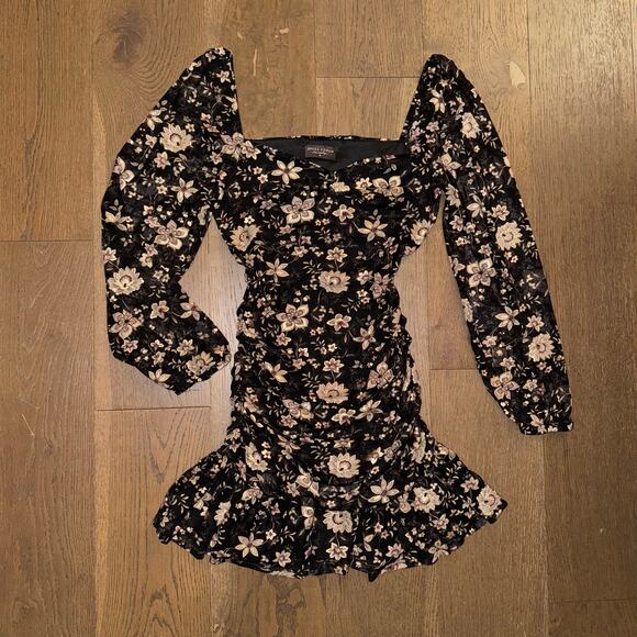Dress Forum Ruched Black and Gold Floral Bodycon Mini Foliage Midnight Size M - Picture 2 of 7